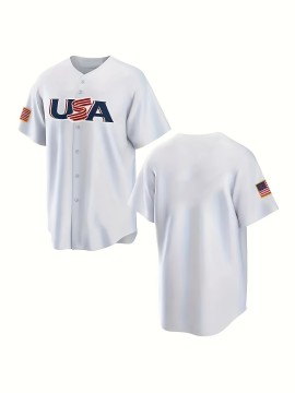 1pc Men'S Classic American Baseball Jersey Shirt - V-Neck, Short Sleeve, Embroidered USA Flag, Breathable Polyester, Lightweight, Moisture-Wicking, Ergonomic Design for Sports, Casual & Team Events