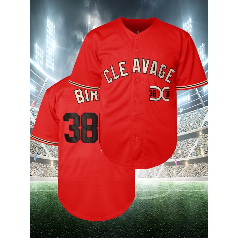 Men's Red Embroidered Polyester Baseball Shirt #38DD, Loose Knit Fabric, Breathable V-Neck Sports Top for Spring, Summer, and Autumn - Sizes S-XXXL