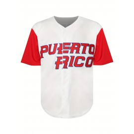 Men's Puerto Rico #1 Baseball Jersey - V-Neck, Button-Up, Short Sleeve, 