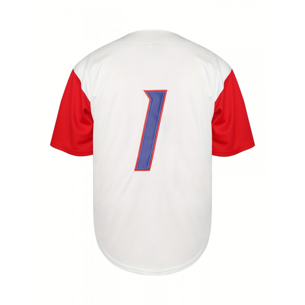 Men's Puerto Rico #1 Baseball Jersey - V-Neck, Button-Up, Short Sleeve, 