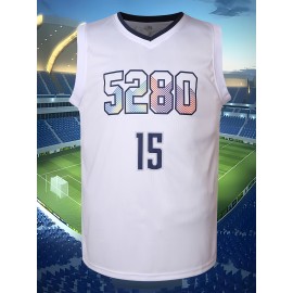 Men's #15 White Basketball Jersey - V-Neck, Breathable Polyester, 