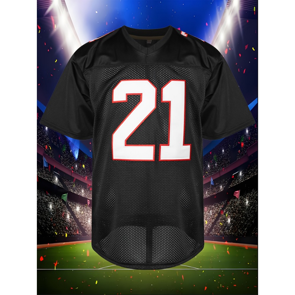 Men's #21 Black American Football Jersey - Breathable Polyester, V-Neck, Sports Uniform for Team Sports & Casual Wear, Sizes S-XXXL