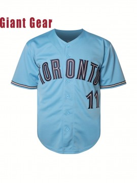 Men'S # 11 Blue Baseball Shirt Breathable Embroidered Polyester Fiber V-Neck And Button Closure Loose Fit Suitable For Team Sports, Leisure, Outing And Training Sizes S-3XL