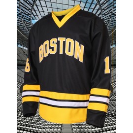 Men's Black Ice Hockey Sweater #18 - Breathable V-Neck, Loose Fit for Competition Training, Streetwear & Outdoor Activities, All Seasons, Sizes S-XXXL, 100% Polyester, Machine Washable, Hockey Jersey