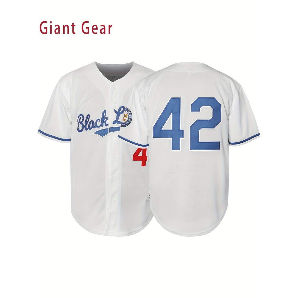 Men'S White Breathable Polyester Baseball Jersey # 42V Collar Sports Shirt With Embroidered Print Loose Button Top Suitable For Sports, Leisure And Team Activities All Year Round S-3XL