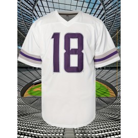 Men's American Football Jersey | V-Neck Polyester Top | Purple Number 18 | Multi-Size S-XXXL | Machine Washable & Dry Clean Safe | Ideal for Sports, Casual & Outdoor Activities | Breathable & Comfortable | Perfect for Training, Running, Hiking & Parties