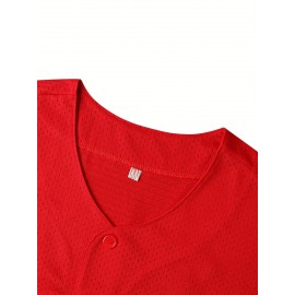 Men'S Baseball Shirt With Red Embroidered Polyester, Loose Knit Fabric Suitable For Wearing In Spring, Summer, And Autumn