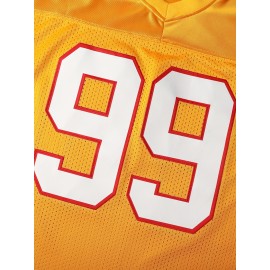 Men's Classic #99 Yellow Embroidered American Football Jersey - Short Sleeve, Breathable Mesh Design, V-Neck, Loose Fit for Training, Competition & Casual Wear, Sizes S-3XL