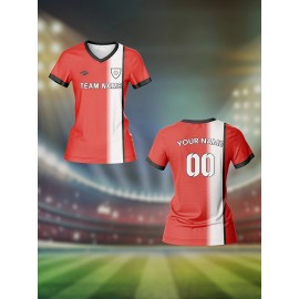 Customizable Women's V-Neck Soccer Jersey - Personalized Name & Number, Red & White Two-Tone Design, Breathable & Quick-Dry for Team Sports, Fitness & Casual Wear, Soccer Accessories, Sports Casual Wear, Custom Team Apparel