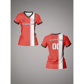 Customizable Women's V-Neck Soccer Jersey - Personalized Name & Number, Red & White Two-Tone Design, Breathable & Quick-Dry for Team Sports, Fitness & Casual Wear, Soccer Accessories, Sports Casual Wear, Custom Team Apparel
