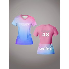 Customized Name & Number Women's V-Neck Football Shirt - Breathable Quick-Dry Moisture-Wicking Jersey, Gradient Color Design for Team Training, Sports Fitness & Casual Wear (Spring/Summer/Fall), Breathable Material