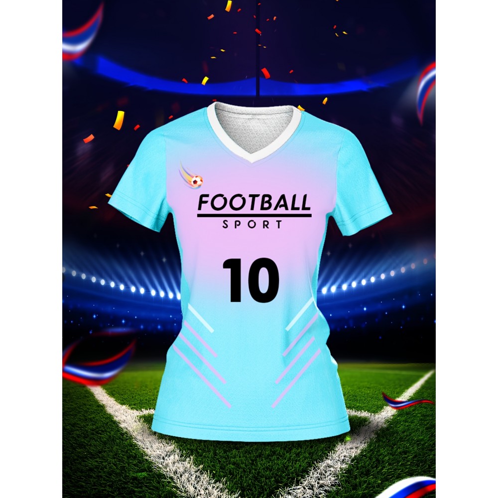 Customized Name & Number Women's V-Neck Football Jersey - Breathable Quick-Dry Moisture-Wicking Fabric, Team Training & Casual Wear, Light Blue with Black Number Print, Spring Summer Fall Sports Apparel, Breathable Fabric
