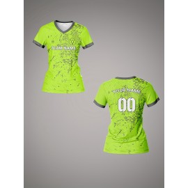 Custom Women's V-Neck Football Jersey - Personalized Name & Number, Lime Green with White Splatter Design, Breathable Moisture-Wicking Quick-Dry Fabric, Loose Fit for Team Training, Fitness & Casual Wear, Sports Training Gear, Comfortable Sports Apparel