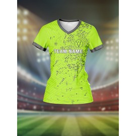 Custom Women's V-Neck Football Jersey - Personalized Name & Number, Lime Green with White Splatter Design, Breathable Moisture-Wicking Quick-Dry Fabric, Loose Fit for Team Training, Fitness & Casual Wear, Sports Training Gear, Comfortable Sports Apparel