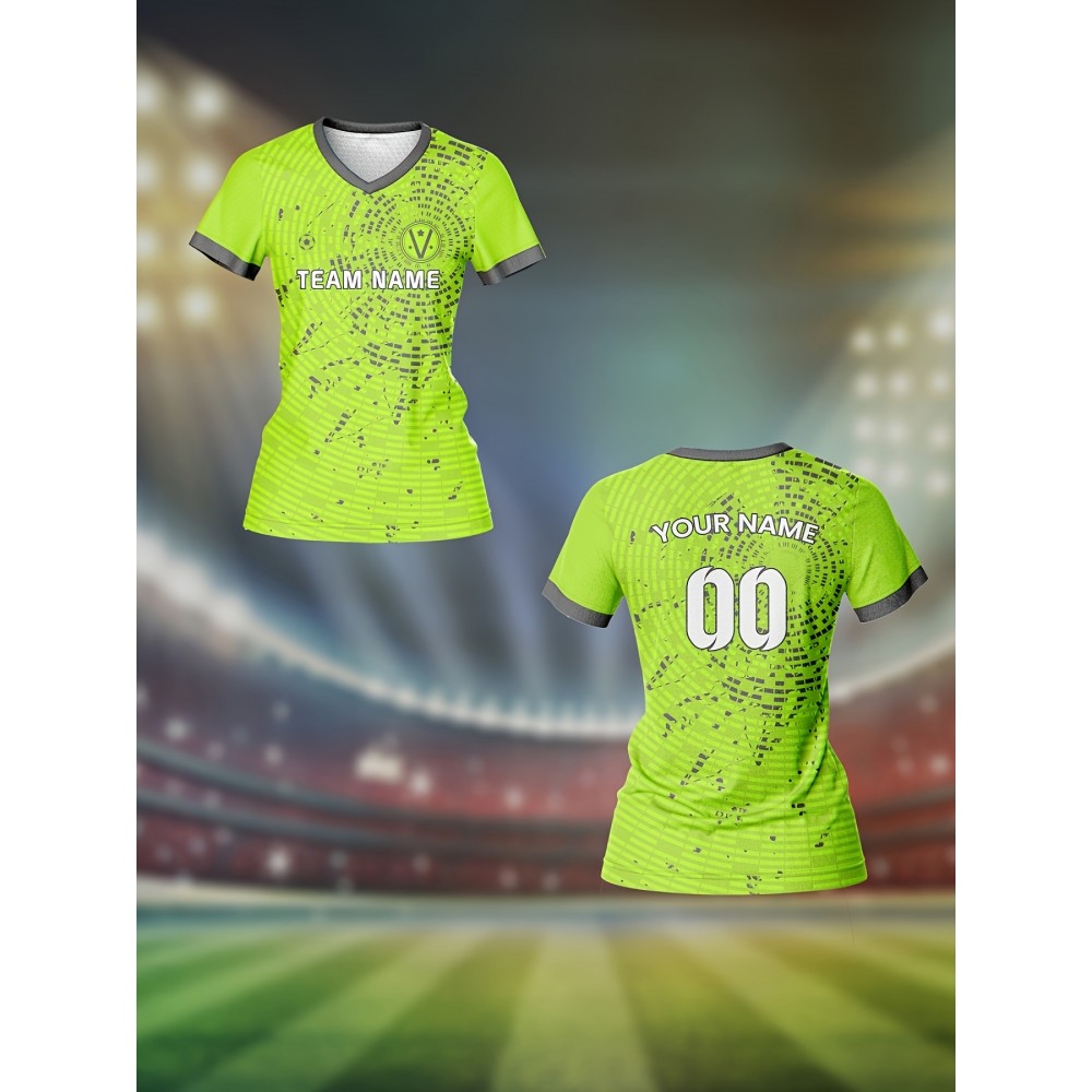 Custom Women's V-Neck Football Jersey - Personalized Name & Number, Lime Green with White Splatter Design, Breathable Moisture-Wicking Quick-Dry Fabric, Loose Fit for Team Training, Fitness & Casual Wear, Sports Training Gear, Comfortable Sports Apparel