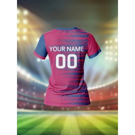 [Quick-Dry Soccer Jersey] Breathable Quick-Dry Custom Women's V-Neck Soccer Jersey | Personalized Name & Number, Pink with Blue Stripes for Team Training, Sports Fitness, and Casual Wear