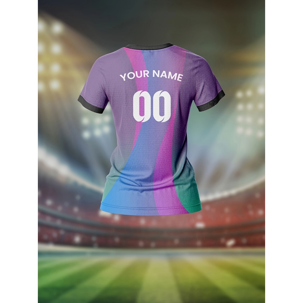 Customizable Women'S V-Neck Soccer Jersey - Personalized Team Name & Number, Breathable Quick-Dry Fabric for Training, Fitness & Casual Wear, Colorful Striped Design with Heart Rate Monitor, Seasonal Versatile Top|Sport Specific Apparel|Comfortable Fi