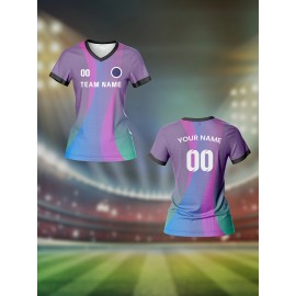Customizable Women'S V-Neck Soccer Jersey - Personalized Team Name & Number, Breathable Quick-Dry Fabric for Training, Fitness & Casual Wear, Colorful Striped Design with Heart Rate Monitor, Seasonal Versatile Top|Sport Specific Apparel|Comfortable Fi