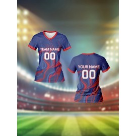Customizable Women's V-Neck Football Jersey - Personalized Name & Number, Breathable Polyester, Quick-Dry Sports Top for Team Training, Casual Wear, and Fitness - Blue with Red & White Accents, Sports Training Top | Athletic Clothing | Smooth Fabric