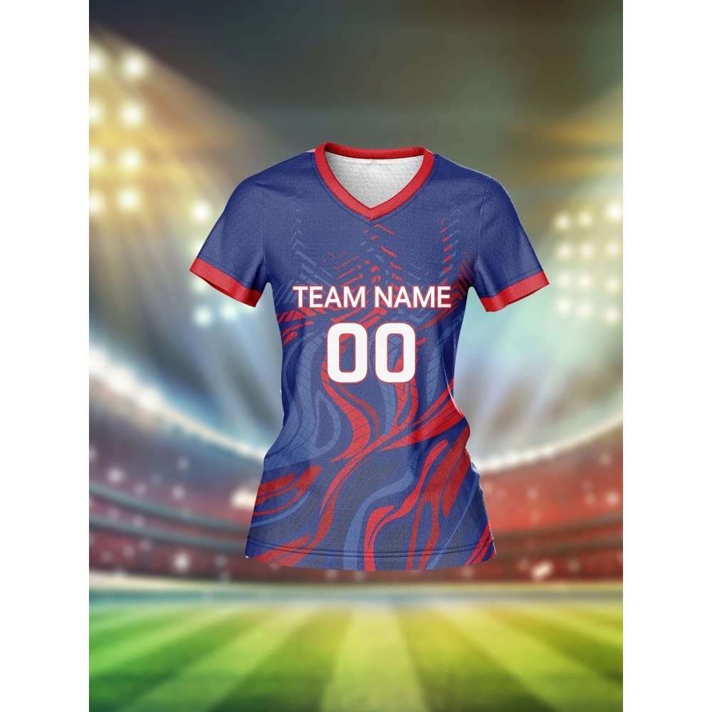 Customizable Women's V-Neck Football Jersey - Personalized Name & Number, Breathable Polyester, Quick-Dry Sports Top for Team Training, Casual Wear, and Fitness - Blue with Red & White Accents, Sports Training Top | Athletic Clothing | Smooth Fabric