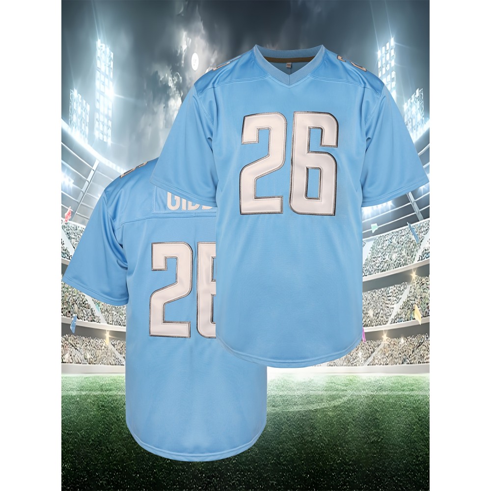 Men'S American Football Sweatshirt, # 26 Blue Breathable V-neck Embroidered Polyester Sportswear, Suitable For Street, Team Sports, Beach, Loose Knitted Fabric, S-3XL