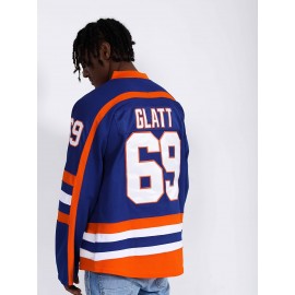 Doug Glatt #69 Halifax Highlanders Vintage Hockey Jersey - Blue & Orange Retro Design,, Moisture-Wicking, Lightweight, V-Neck, Long Sleeve, Loose Fit for Sports, Parties & Casual Wear, Hockey Stocking Stuffers