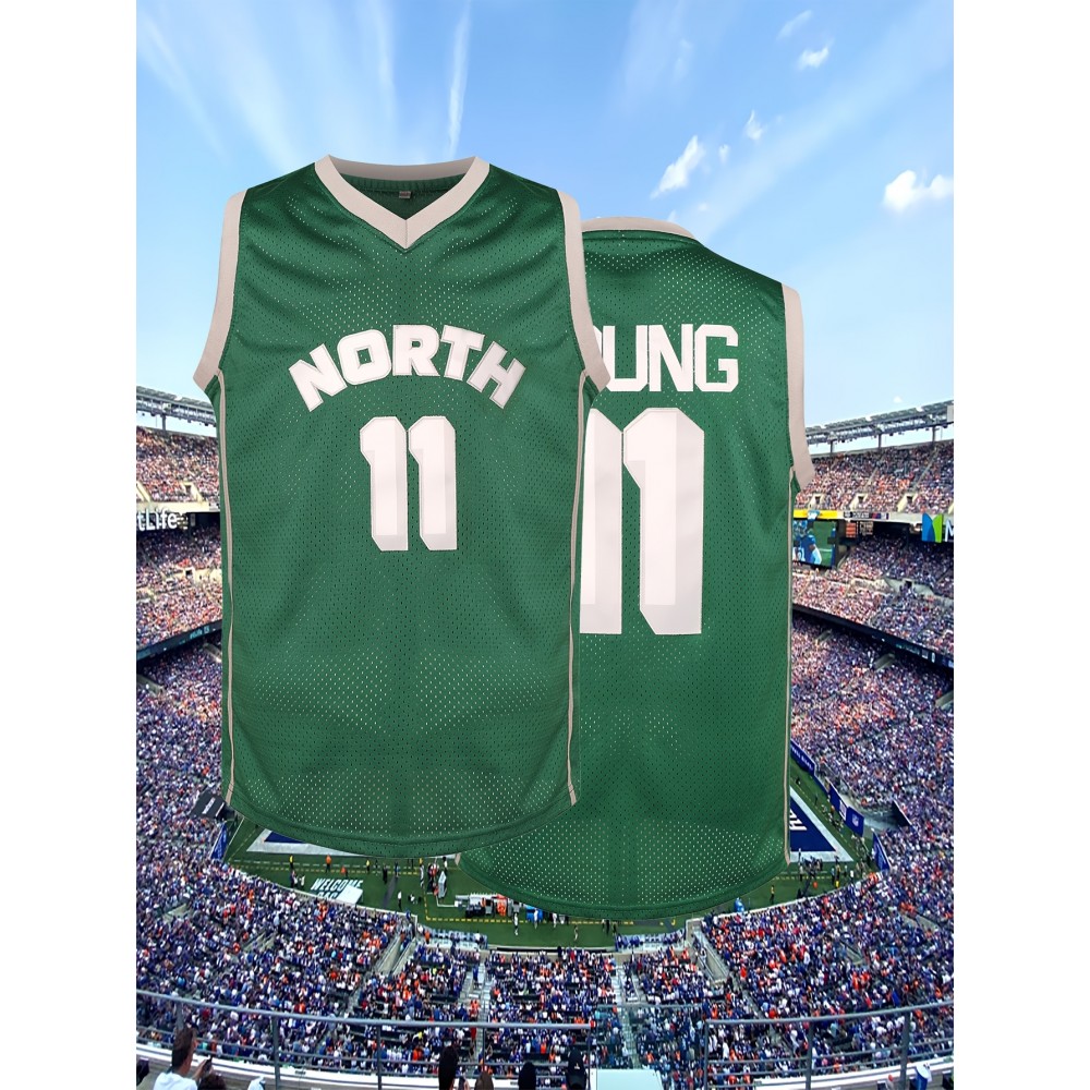 Men's #11 Green Basketball Jersey, V-Neck Sleeveless Sports Uniform, Polyester, Machine Washable, Ideal for Training & Team Activities, Sizes S-XXXL