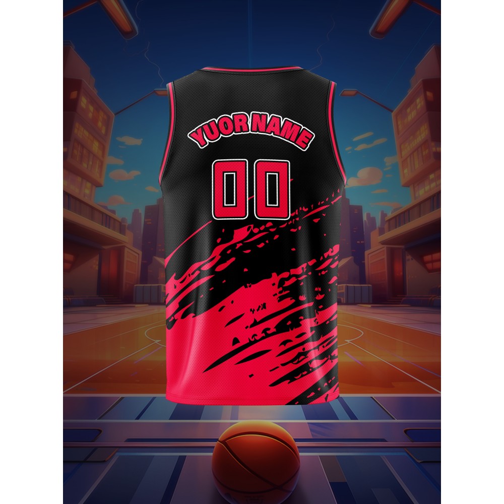 [Customizable] Youngsters' Customizable Basketball Tank Top | Polyester | Breathable, Comfort-Fit, Washable | Training, Games & Outdoor Fun | Black & Red with Splash Design