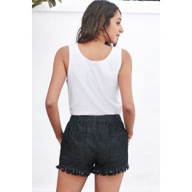 Black Casual Pocketed Frayed Denim Shorts